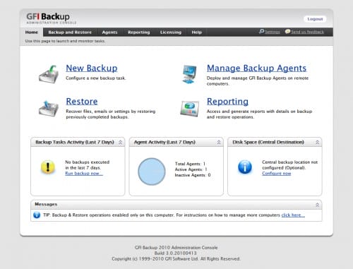 GFI Backup Administrator (web) console