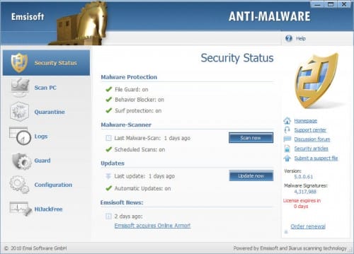 emsisoft anti-malware security status
