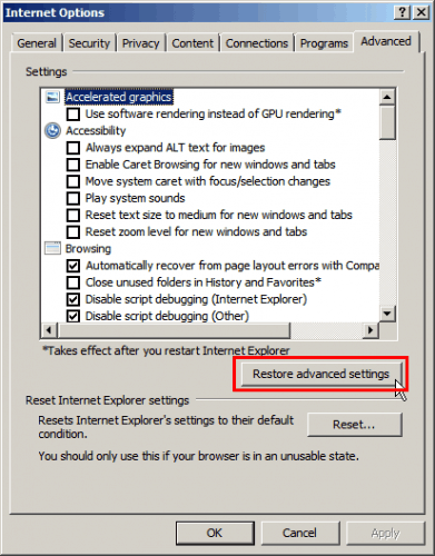 RIES — Restore advanced settings