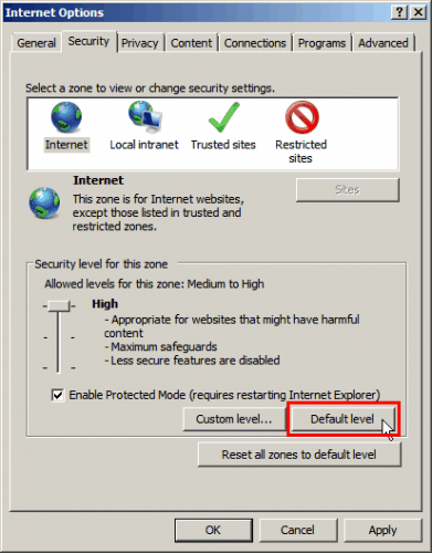 RIES — Click on Security Tab > Default Level for each section