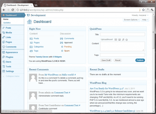 WordPress 3.2 Dashboard